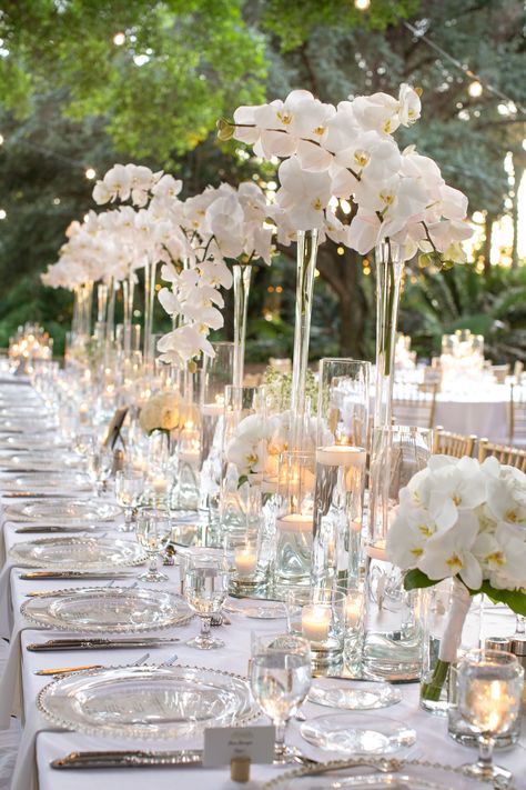 White Wedding Flowers Centerpieces, White Weddings Reception, Orchid Centerpieces, All White Wedding, Orchid Wedding, White Wedding Flowers, Flower Centerpieces Wedding, Ballroom Wedding, Long Table