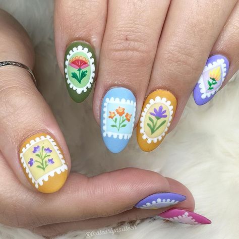 Jessica Gomes Carver | I think I’ll call these: 🪻Granny’s Stamp Collection🌻 . #stampnails #mattenails #cottagecore #cottagecoreaesthetic #summernails… | Instagram Oct Nails 2024, Cottage Core Nails Short, Colorful Nail Designs Summer, Granny Square Nails, Cottagecore Nail Designs, Animal Acrylic Nails, Funky Nail Designs Fun, Food Nails Designs, Two Color Nail Design