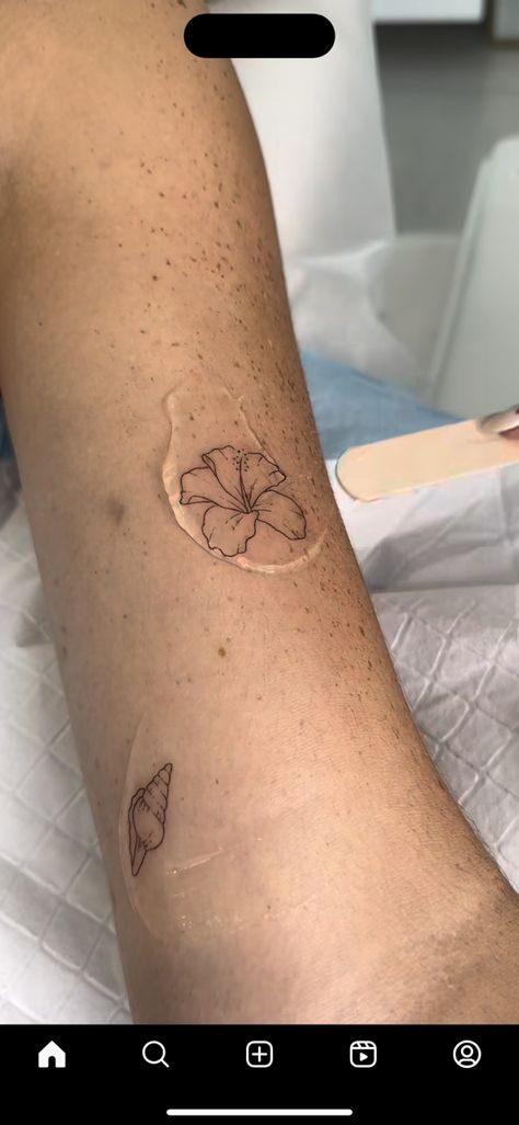 Dainty Hawaiian Flower Tattoo, Hawaii Matching Tattoos, Single Flower Tattoo Placement, French Polynesia Tattoo, Beachy Tattoos For Women Summer, Turtle With Hibiscus Tattoo, Maldives Tattoo Ideas, Philippine Inspired Tattoo, Best Placement For Small Tattoos