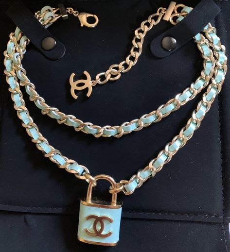 CHANEL+CC+Padlock+Pendant+Necklace+Choker+Green+Leather+Gold+Chain+NIB Chanel Necklace Aesthetic, Necklace Choker Gold, Classy Couture, Chanel Jewelry Necklace, Jeweled Shoes, Chanel Chain, Choker Gold, Chanel Necklace, Chanel Chanel