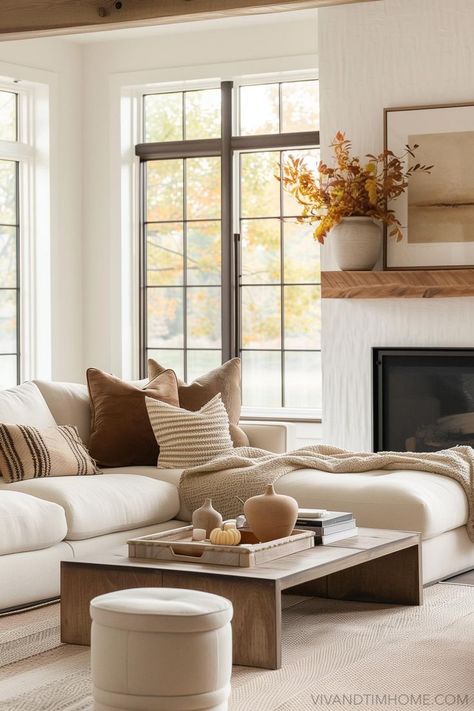 Fall Living Room Decor with white sectional, area rug, wood coffee table, and fall home decor Cozy Modern Fall Decor, Fall Home Tour 2024, Indoor Fall Decorations, Fall Living Room Decor Ideas, Living Room Decor Fall, Indoor Fall Decor, Modern Fall Decor, Earthy Decor, Barn Living