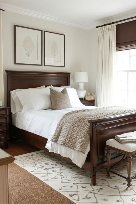 25 Captivating Brown and White Bedroom Ideas You'll Love - Roomy Retreat Brown And White Bedroom Ideas, Brown And White Bedroom, White And Brown Bedroom, Brown Wood Bedroom, Dark Brown Bedrooms, Brown Bed Frame, Brown Bedroom Ideas, Dark Wood Bedroom Furniture, Dark Wood Bedroom