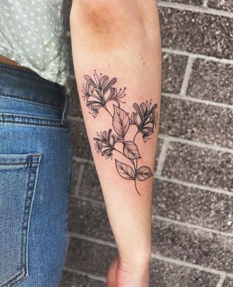 Honey Suckle Flowers Tattoo, Flower Patchwork Tattoo, Honeysuckle Tattoo Design, June Birth Flower Tattoo Honeysuckle, Upper Arm Flower Tattoo, Honeysuckle Tattoo Simple, Narcissus Flower Tattoo, Narcissus Flower Tattoos, Honeysuckle Tattoo