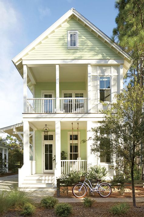 3 Story Home Exterior, Mint Green House Exterior, Small Coastal House, Pocket Community, Beach House Tour, Florida House Plans, Coastal Architecture, Pretty Houses, Beach House Exterior