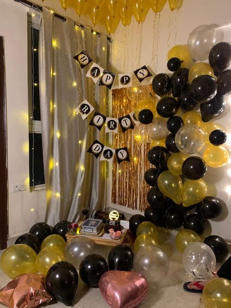 Birthday decor with black and golden ballons Black And Golden Birthday Decoration, Black Ballons, Anniversary Quotes For Her, Cheap Birthday Decorations, Blurred Aesthetic, Girl Mirror, Mirror Shot, Bday Party Theme, Easy Birthday