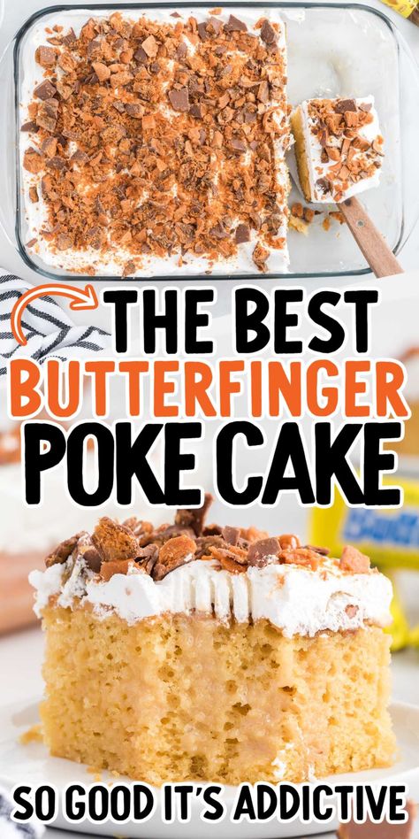 Butter Finger Cake Recipe, Butter Finger Poke Cake Recipes, Butterfinger Cake Poke, Butterfinger Sheet Cake, Easy Cake Walk Cakes, Butter Finger Cake Easy, East Cakes Recipes, Butterfinger Poke Cake Recipes, Easy Butterfinger Cake