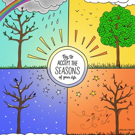 bright colored illustration of four seasons says try to accept the seasons of your life. Month Of March Quotes, Hello March Quotes, March Quotes, Happy March, Hello March, Inspirational Life Quotes, Gratitude Challenge, Month Of March, Illustration Quotes