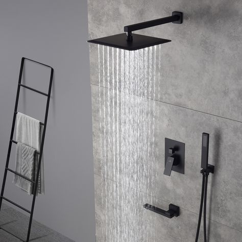 This wall-mounted 3-function matte black single shower rain system is made of brass, and the square stainless-steel shower has a high-level appearance and long-lasting durability—CUPC-certified valve, stainless steel hand shower with 59-inch hose, and 15-inch shower arm. The whole shower system will bring you an advanced shower experience and wash away all-day fatigue. CASAINC Black 10-in Waterfall Built-In Shower Faucet System with 3-way Diverter (Pressure-balanced Valve Included) Stainless Ste Led Faucet, Bathtub Spout, Rain Shower System, Led Shower Head, Freestanding Tub Faucet, Dual Shower Heads, Wall Mount Faucet, Tub Spout, Black Shower