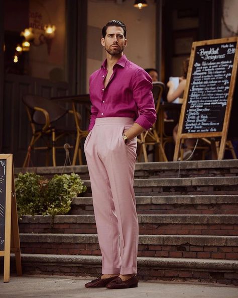 Pink Semi Formal Outfit For Men, Colorful Cocktail Attire Men, Pink Shirt For Men Formal, Mens Monochromatic Outfit Pink, Men’s Pink Shirt Outfit, Pink Suit Men, 1920s Mens Fashion, Mens Casual Suits, Classy Suits