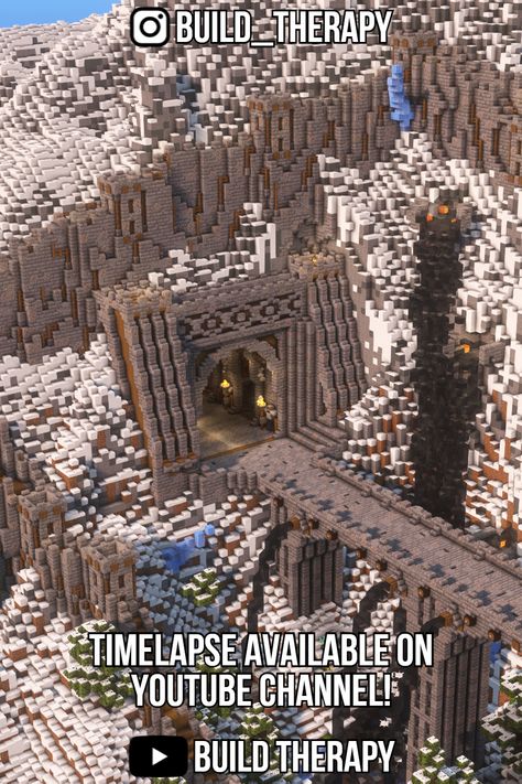 My Biggest Minecraft Build ever, A dwarven style medieval Fort! I hope you like the design, full timelapse for this entire build on my Youtube :) Minecraft Giant Door Design, Minecraft Medieval Fortress, Huge Minecraft Castle, Minecraft Mountain Temple, Mountain Builds Minecraft, Base Design Minecraft, Minecraft Mountain Entrance, Minecraft Bases Ideas, Mountain Base Minecraft