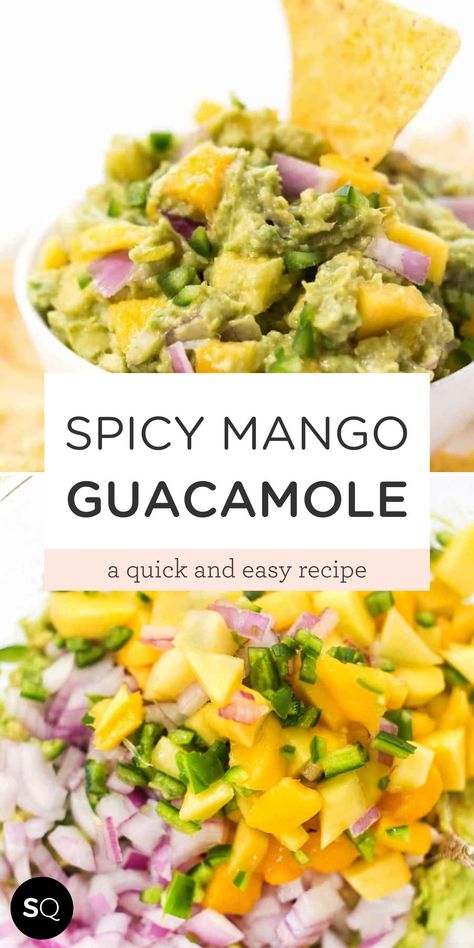 This spicy mango guacamole recipe is a quick and easy spread that goes with everything. Use it on top of burgers, dip with chips or spread it on some toast!We're taking a tropical twist by adding chopped mango, then spicing it up with some fresh jalapeno. Such a fun twist and a total crowd-pleaser! Spicy Mango Guacamole | Vegan & Gluten-Free Recipe | Simply Quinoa Vegan Mango Recipes, Mango Appetizer, Mango Guacamole Recipe, Dip Night, Spicy Guacamole Recipe, Fresh Jalapeno, Mango Guacamole, Guacamole Recipes, Mango Recipe