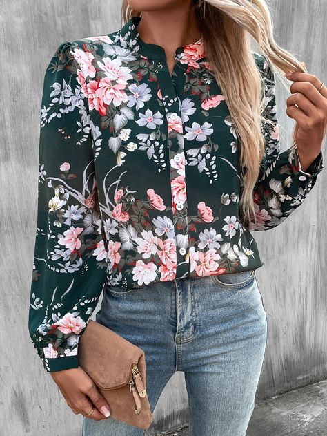 Dark Green Boho Collar Long Sleeve Fabric Floral Shirt Embellished Non-Stretch  Women Tops, Blouses & Tee Flower Shirt Outfit Floral Blouse, Floral Shirt Outfit Women, Floral Shirt Outfit, Dark Green Boho, Shirt Patterns For Women, Curved Hem Shirt, Floral Shirt Women, Moda Floral, Flower Blouse