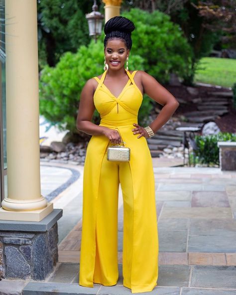 Yellow Brunch Outfits Black Women, Yellow Brunch Outfit, Brunch Chic Outfits, Yellow Jumpsuit Outfit, Dressy Casual Attire, Brunch Outfit Black Woman, Bday Dresses, Jamaica Trip, Gold Jumpsuit