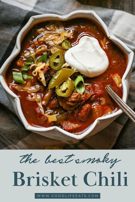 Brisket Chili is simmered low and slow to infuse the soup with layers of flavor that everyone loves! It’s a smoky, slightly spicy chili that will warm you from the inside out on cold days. If you have leftover brisket to use up, make this chili recipe! This beef brisket chili recipe came together by pure chance. A few years ago, we threw a party and wound up with leftover brisket that needed to be repurposed somehow. Make this Brisket Chili to warm your soul. | @goodlifeeats Brisket Chili Instant Pot, Leftover Brisket Soup Recipes, Soup With Brisket, Brisket Chili Recipe Smoked, Beef Brisket Soup Recipes, Brisket Soup Recipes, Leftover Brisket Chili, Chili Cookoff Recipes, Chili Leftovers