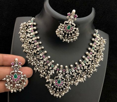 Navratri Jewellery, Jewelry Earings, Oxidized Jewellery, Physics Lessons, Silver Necklace Designs, Jewellery Shops, Oxidised Silver Jewelry, Jewellery Sale, Necklace Set Indian