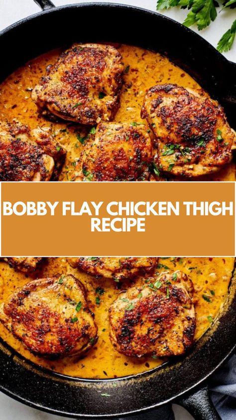 Bobby Flay’s Chicken Thighs recipe is made with boneless chicken thighs, garlic powder, onion powder, paprika, olive oil, butter, shallot, garlic, chicken broth, lemon juice, fresh thyme, crushed red pepper flakes, and heavy cream. This delicious Bobby Flay Chicken Thighs recipe creates a tasty dinner that takes about 30 minutes to prepare and can serve up to 4 people.