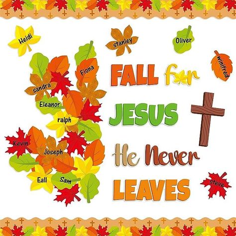 Fall Sunday School Bulletin Boards, Christian School Bulletin Boards, Fall Church Bulletin Boards, Sunday School Room Decor, Catholic Bulletin Boards, Religious Bulletin Boards, Catholic Classroom, Leaves Name, Christian Classroom