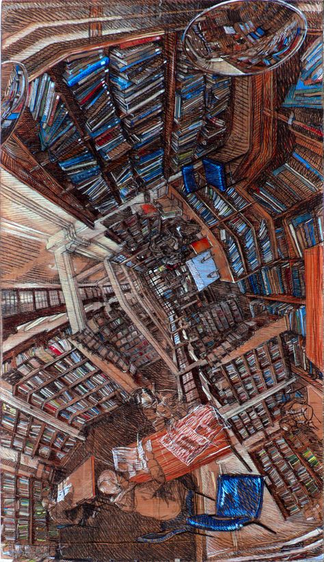 The Next M.C. Escher? The Disorienting Polyhedral Panoramic Perspective Drawings of Rorik Smith Library Drawing, Character Background, Perspective Drawings, Wammy's House, Abstract Room, Mc Escher, Charcoal Drawings, Perspective Drawing, Arte Inspo