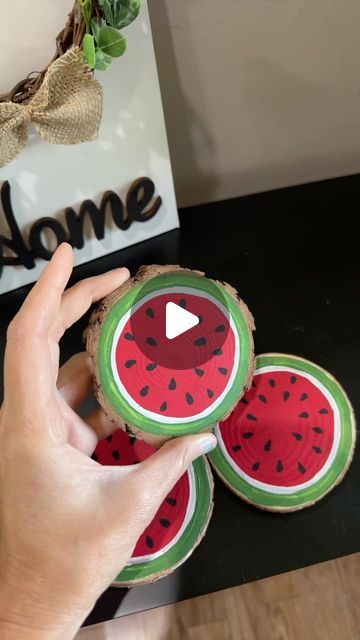 Rachael Clark on Instagram: "DIY Wooden Watermelon Coasters! Grab these wooden coasters from @Dollar General or your local craft store! 🍉  . . . #diy #diyhomedecor #diydecor #dollargeneral #dollargeneralcrafts #crafts #crafting" Watermelon Quotes, Wooden Coasters Diy, Watermelon Coasters, Diy Coasters, Instagram Diy, Coaster Design, Dollar General, Wooden Coasters, Local Crafts