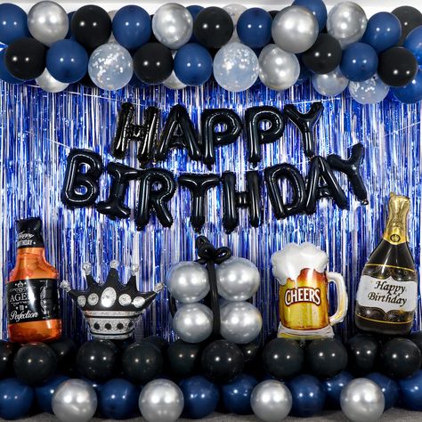 Blue And Black Birthday, Silver Birthday Party, Black Happy Birthday, Fringe Curtains, Birthday Decorations For Men, Black Birthday, Foil Balloons, Blue And Black, Birthday Decorations