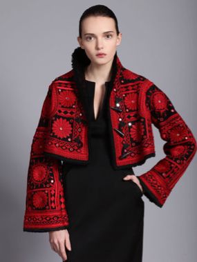 Phulkari Jacket by Alexander McQueen.. Phulkari is an ancient embroidery technique. #embroidery #fashion #phulkari Phulkari Jacket, Black Tulle Skirt Outfit, Indian Hand Embroidery, Crochet Shrug Pattern Free, Tulle Skirts Outfit, Textile Embroidery, Embroidery Jacket, Shrug For Dresses, Afghan Dresses