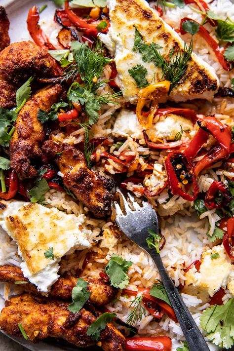 Crispy Feta with Lemon Pepper Chicken and Rice | halfbakedharvest.com Peppers And Feta, Fun Healthy Dinner Recipes, Feta Dishes Dinners, Dinner Ideas With Ground Beef Mexican, Chicken And Feta Recipes, Summer Dinner Recipes Chicken, Gut Healthy Dinner Recipes, Lemon Pepper Recipes, Chicken And Pepper Recipes