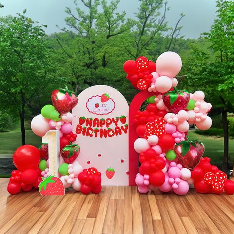 PRICES MAY VARY. 【Cutie strawberry Balloon garland Kit】The 110+pcs berry first balloon kit Mix Red，magenta pink baby pink and green balloon ,with large mylar strawberry balloons and Strawberry birthday banner let‘s Celebrate your little one's berry first birthday party 【100% Reliable Color 】 We insist on 100% real photography by using Color Correction Card，Providing True Color of every single balloons,what you have to do is trust your color insprition and idea.the perfect addition to your party Fruit Birthday Party Theme Decorations, 2nd Birthday Strawberry Theme, Berry Birthday Theme, Strawberry Theme Centerpieces, Downtown Birthday, Cute Party Themes, Strawberry Balloons, Berry Birthday Party, Strawberry Themed Birthday Party