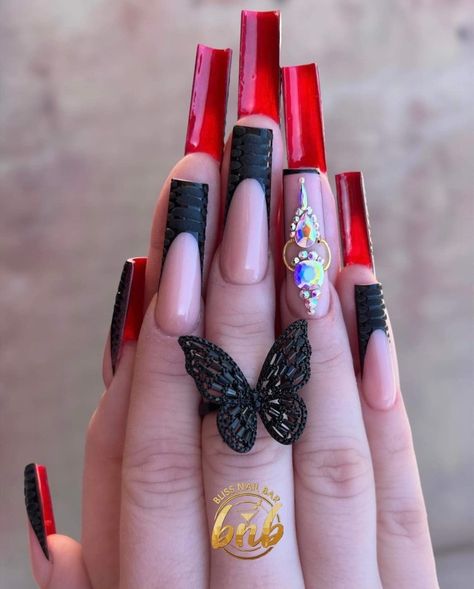 Black French Tip Nails Red Under, Red N Black Nails Acrylic, Black Nails Acrylic Red Bottoms, Black Acrylics With Red Underneath, Medium Red Bottom Nails, Black French Crocodile Nails, Black French Tip Nails Crocodile, Red Nails With Black Rhinestones, Black Matte Nails With Red Under