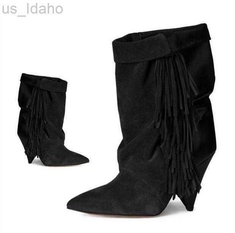 none Winter Dress Shoes, Fringe Ankle Boots, Ankle Boots Women, Fringe Boots, Suede Leather Boots, Slip On Boots, Mode Ootd, High Heel Boots Ankle, Suede Fringe