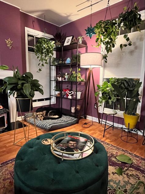 Purple Maximalist Living Room, Purple Boho Living Room, Maximalist Green Living Room, Dark Purple Walls Living Room, Purple And Green Apartment Decor, Purple Paint Room Ideas Bedrooms, Plum Room Decor, Maximalist Plant Bedroom, Purple Green Room Aesthetic