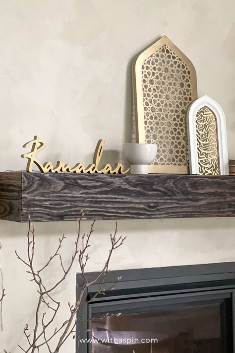 Ramadan living room decor ideas for fireplace mantle. Ramadan sign, arch light, wall art and more. Eid Ul Fitr Decorations, Ramadan Images, Ramadan Decor, Ramadan Kareem Decoration, Islamic Wall Decor, Ramadan Crafts, Eid Decoration, Islamic Decor, Ramadan Gifts