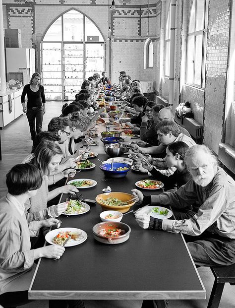 Lunch at Studio Olafur Eliasson, Berlin Photo: María del Pilar García Ayensa/ Studio Olafur Eliasson. © Studio Olafur Eliasson From Studio Olafur Eliasson The Kitchen Communal Dining, Studio Olafur Eliasson, Desk Lunch, Alice Waters, Birthday Baking, Small Vegetable Gardens, Olafur Eliasson, Studio Kitchen, Eat Lunch