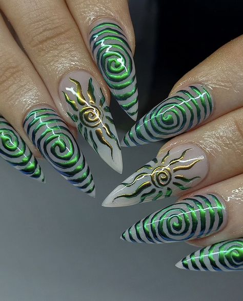 Green Reptile Nails, Green Stiletto Acrylic Nails, Gator Skin Nails, Trippy Almond Nails, Green And Purple Acrylic Nails, Sick Nail Designs, Lost Lands Nails, Green Leaves Nails, Goosebumps Nails