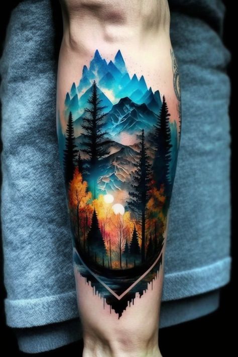 Inner Forearm Tattoo Cover Up, Nature Tattoo Cover Up, Mountain Tattoo Cover Up, Back Tattoos Nature, Fire Tattoos For Women, Mountain Tattoo Women, Star Tattoo Cover Up, Northern Light Tattoo, Colorful Nature Tattoos