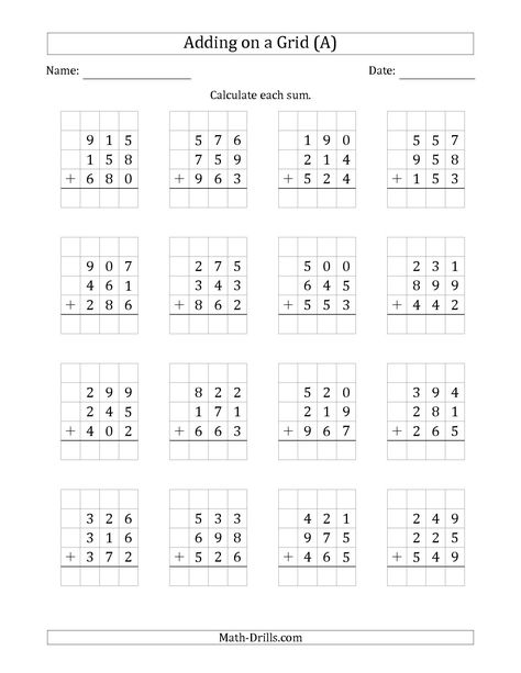 The Adding Three 3-Digit Numbers on a Grid (A) math worksheet from the Addition Worksheet page at Math-Drills.com. Adding Three Numbers, Easy Math Worksheets, Third Grade Math Worksheets, Kindergarten Math Worksheets Addition, Math Fact Worksheets, Addition Worksheet, Math Addition Worksheets, Math Practice Worksheets, Numbers Worksheet