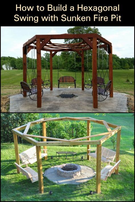 Is your yard looking a little empty? With enough space and some planning, you can build this amazing hexagonal swing set with a fire pit!  This project is a huge step above most designs out there and while it may take some time to finish, we're sure you and your family will love spending time here for years to come.  Ready to take on this challenge? You can look at more photo inspirations and the step-by-step instructions when you click through our website! Hexagon Fire Pit Area, Hexagon Pergola, Sunken Fire Pit, Fire Pit Pergola, Fire Pit Plans, Gazebo With Fire Pit, Sunken Fire Pits, Fire Pit Swings, Backyard Swings