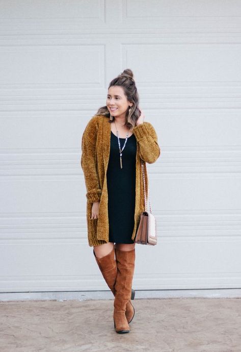 22 Simple Fall Outfit Ideas for Work » Lady Decluttered Fall Dresses With Boots Plus Size, Fall Dress With Cardigan And Boots, Plus Size Fall Business Outfits, Fall Plus Outfits Women, Plus Size Fall Outfit Photoshoot, Fall Dress Outfit Plus Size, Winter Going Out Outfit Plus Size, Fall Midsize Outfits Work, Fall Skirt Outfits With Boots Plus Size