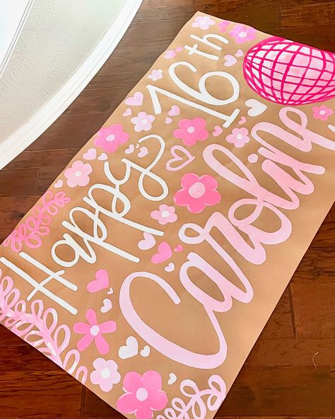 The cutest pink theme for this surprise birthday banner!! 🌷💗🪩 Pink Birthday Surprise, Sweet 16 Banner Ideas, Butcher Paper Banner Birthday, Pink Birthday Theme Ideas, Diy Birthday Banner Ideas, Birthday Pink Decorations, Birthday Signs Diy Poster, Painted Banner Ideas, Painted Birthday Banner