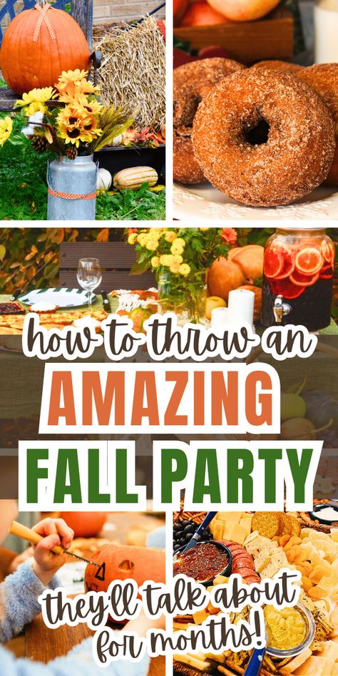 TONS of autumn party ideas for outdoor fall gathering ideas, fun backyard fall festival ideas, backyard fall festival party / outdoor harvest party. Even fun for fall harvest party ideas for school or an autumn block party / fall neighborhood street party! Harvest foods, fall harvest games and more! #fallharvest #fallparty #fallfestival #autumnparties Harvest Festival Ideas Halloween Decorations, Fall Flannel Party Decor, Fall Cookout Activities, Fall Festival Backyard Party, Autumn Theme Party Games, Food For Fall Festival, Family Harvest Party Games, Fall Festival Party Games, Fall Harvest Festival Games