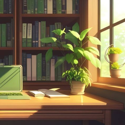 Anime Art Aesthetic Study, Study Aesthetic Green, Notion Aesthetic Pictures, Anime Study Aesthetic, Green Lofi Aesthetic, Notion Images, Vintage Illustration Art, Ghibli Artwork, Study Pictures