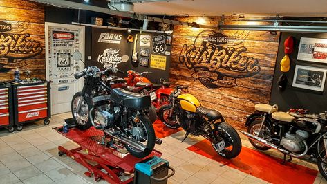 yes, this is a real place. KrisBiker Customs in Poland Motorbike Workshop Ideas, Atv Garage, Harley Garage, Dream Motorcycle, Detached Garage Designs, Garage Workshop Layout, Man Garage, Motorcycle Workshop, Garage Atelier