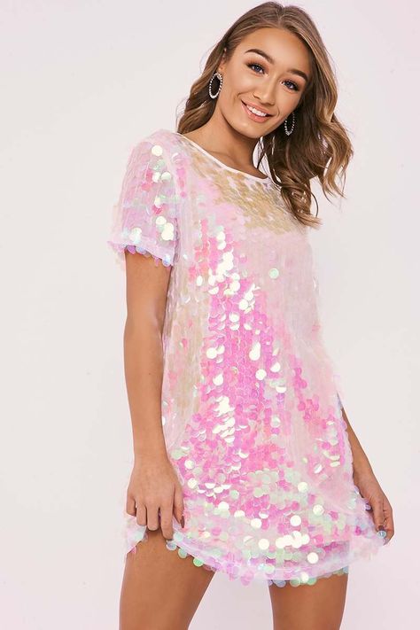 DARCELL WHITE IRIDESCENT SEQUIN T SHIRT DRESS Iridescent Sequin Dress, Sequin T Shirt, Sequin T Shirt Dress, Sequin Shirt Dress, White Sequin Dress, Sparkly Outfits, Sequin Dress Short, Taylor Swift Tour Outfits, Iridescent Sequin