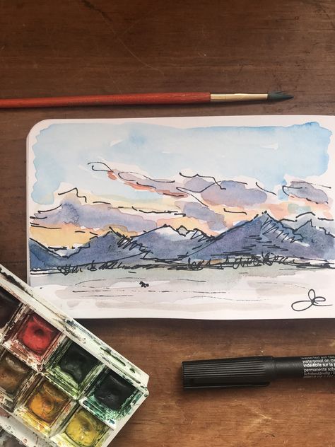 Mountain Paintings Watercolor, Mountains Watercolor Simple, Landscape Sketch Watercolor, Landscape Art Sketchbook, Quick Watercolor Landscape, Landscape Sketchbook Ideas, Mountain Watercolour Painting, Watercolor And Pen Art Landscape, Watercolor Painting Mountains