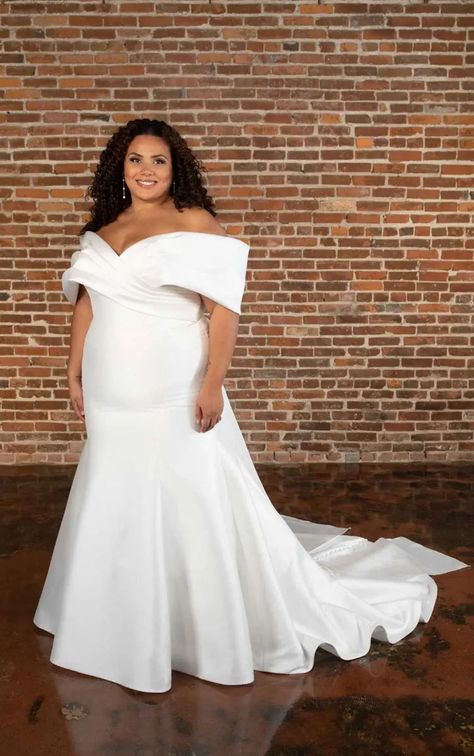 Glamorous Plus Size Off-The-Shoulder Fit-and-Flare Wedding Dress with Back Tie Detail - Style D3754+ from Essense of Australia Cobalt Blue Weddings, Mikado Wedding Dress, Wedding Guest Book Ideas, Guest Book Ideas, Plus Wedding Dresses, Wedding Dress Plus Size, Wedding Guest Book Unique, Off Shoulder Wedding Dress, Spring Wedding Guest Dress