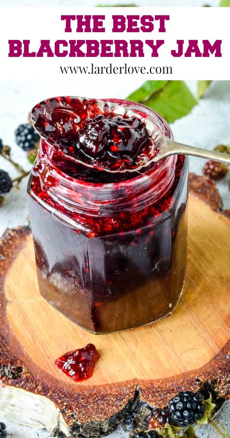 super easy blackberry jam the foragers favourite, perfect on toast, with a cheeseboard and in all sorts of cooking recipes too #blackberries #blackberryjam #foraging #brambles #brambejam #fallpreserves #homemadejam #larderlove Blackberry Jam No Pectin, Fruit In Jars, Canning Recipes For Beginners, Canning Blackberries, Canning Fruit Recipes, Preserving Fruit, Homemade Blackberry Jam, Blackberry Jam Recipes, Canning Jam Recipes