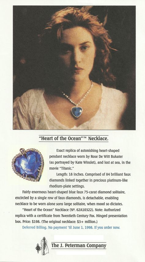 How Titanic’s Iconic Necklace Almost Sank the J. Peterman Company - Racked Titanic Quotes, The Heart Of The Ocean, Heart Of The Ocean, Titanic Jewelry, J Peterman, Ocean Heart, Titanic Movie, Ocean Necklace, Heart Shaped Pendant Necklace