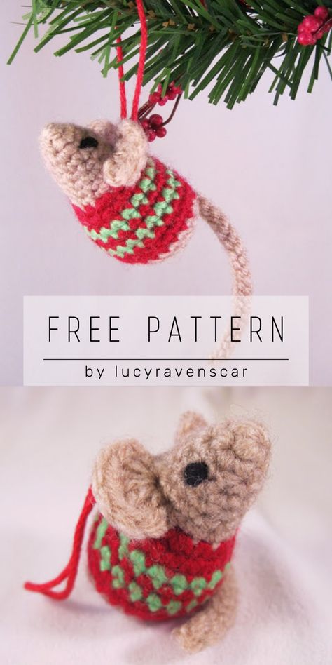 My next free amigurumi pattern for Christmas is a slight variation on my Little Kissing Mice pattern, so you can make a cute little mouse with a Christmassy red and green stripy sweater. You can add a loop so you can hang it on your Christmas tree, give it as a sweet little stocking filler, or fill it with catnip as a present for your cat. Make this cute mouse ornament with crochet pattern for beginners by LucyRavenscar. Crocheted Mouse, Crochet Christmas Ornaments Free, Chat Crochet, Crochet Ornament Patterns, Crocheted Christmas, Amigurumi Minta, Crochet Christmas Gifts, Crochet Xmas, Crochet Christmas Decorations