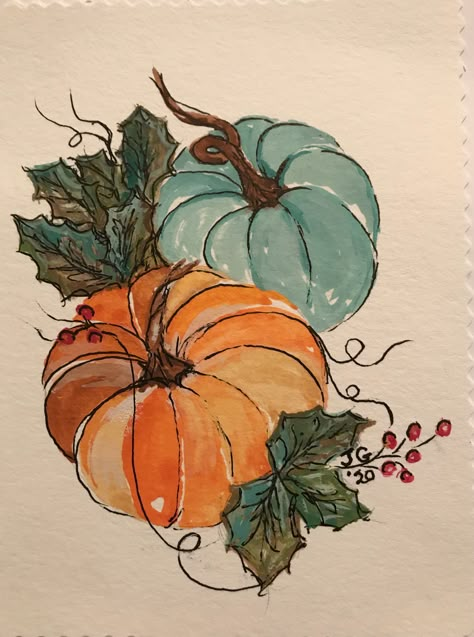 Pumpkin Patch Watercolor Painting, Fall Themed Watercolor Paintings, Gouache Pumpkin Painting, Fall Watercolor Cards Ideas, Watercolour Pumpkin Painting, Autumn Watercolour Painting, Fall Art Watercolor, Halloween Art Simple, Watercolor Art Halloween