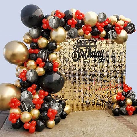 Black Gold Balloon Garland, Red Party Themes, Black And Gold Party Decorations, Gold Balloon Garland, Red Party Decorations, Gold Birthday Party Decorations, Black Party Decorations, Red Birthday Party, Chrome Top