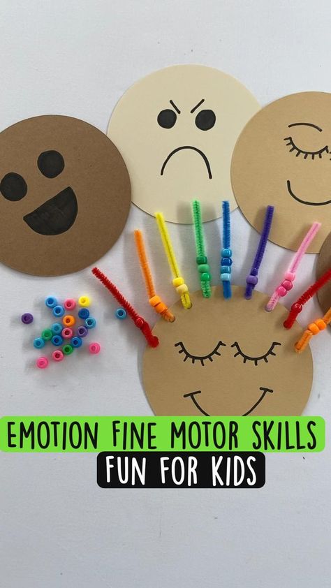 The best and most easy way to talk about emotions with kids and practise fine motor skills. | Preschool crafts, Preschool art, Toddler crafts Aba Therapy Arts And Crafts, Emotions Fine Motor Activity, Emotional Literacy Activities Preschool, Emotion Crafts For Preschoolers, Emotions Arts And Crafts, Fine Motor Activities For Kindergartners, Emotion Lessons For Preschool, Emotion Activities For Preschool Crafts, Emotions Craft Preschool